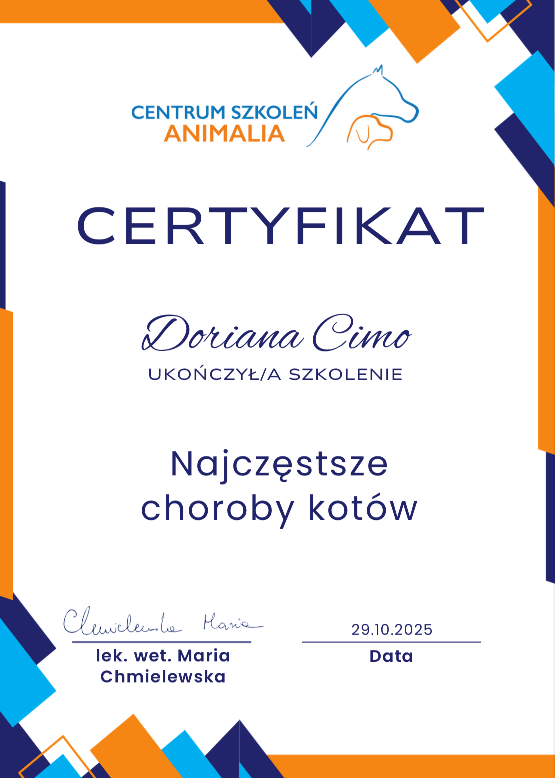 Certyfikat szkolenia Najczęstsze choroby kotów — Doriana Cimo