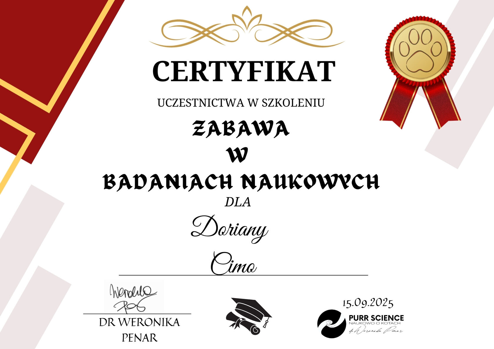 Certyfikat szkolenia Zabawa w badaniach naukowych — Doriana Cimo