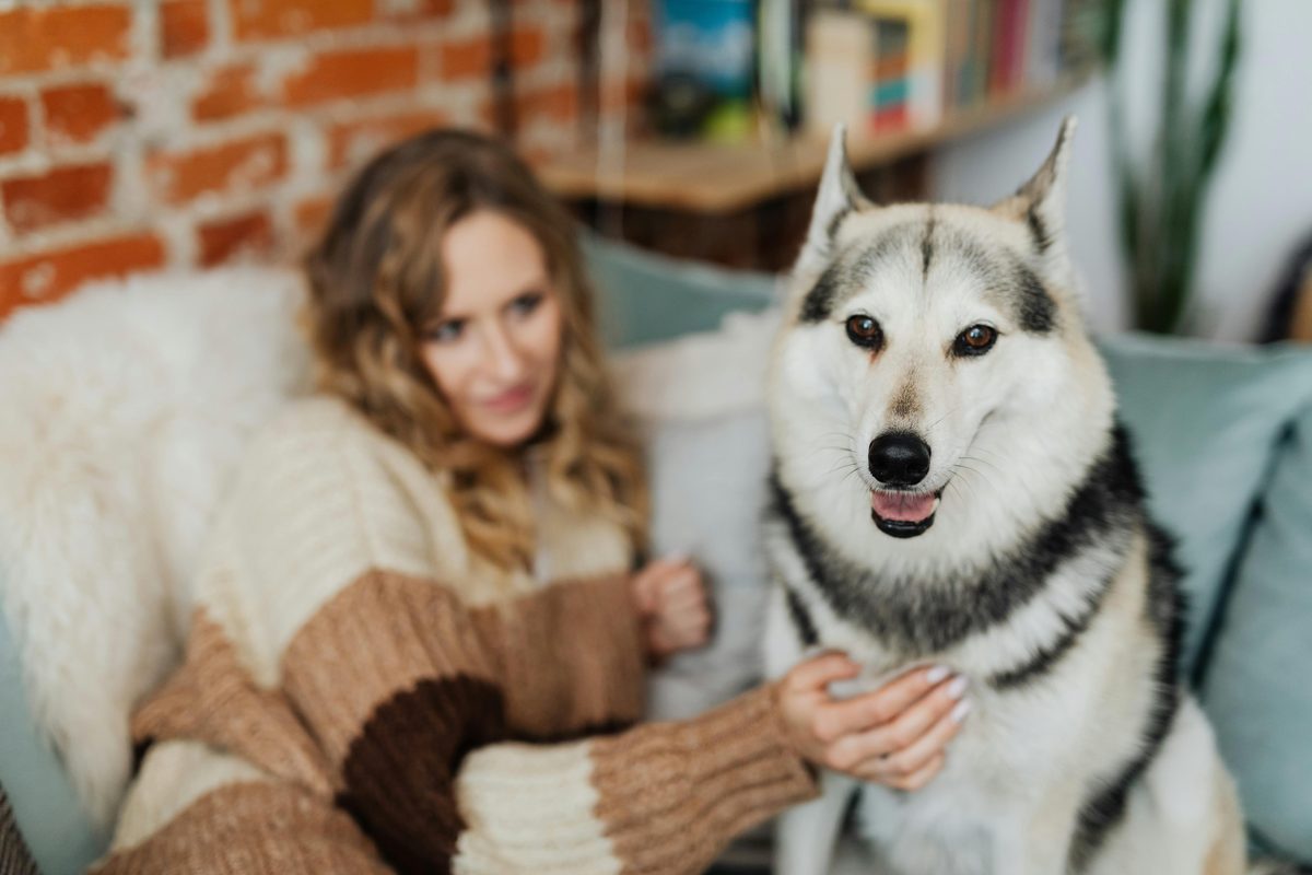 Woman caring for a dog at home