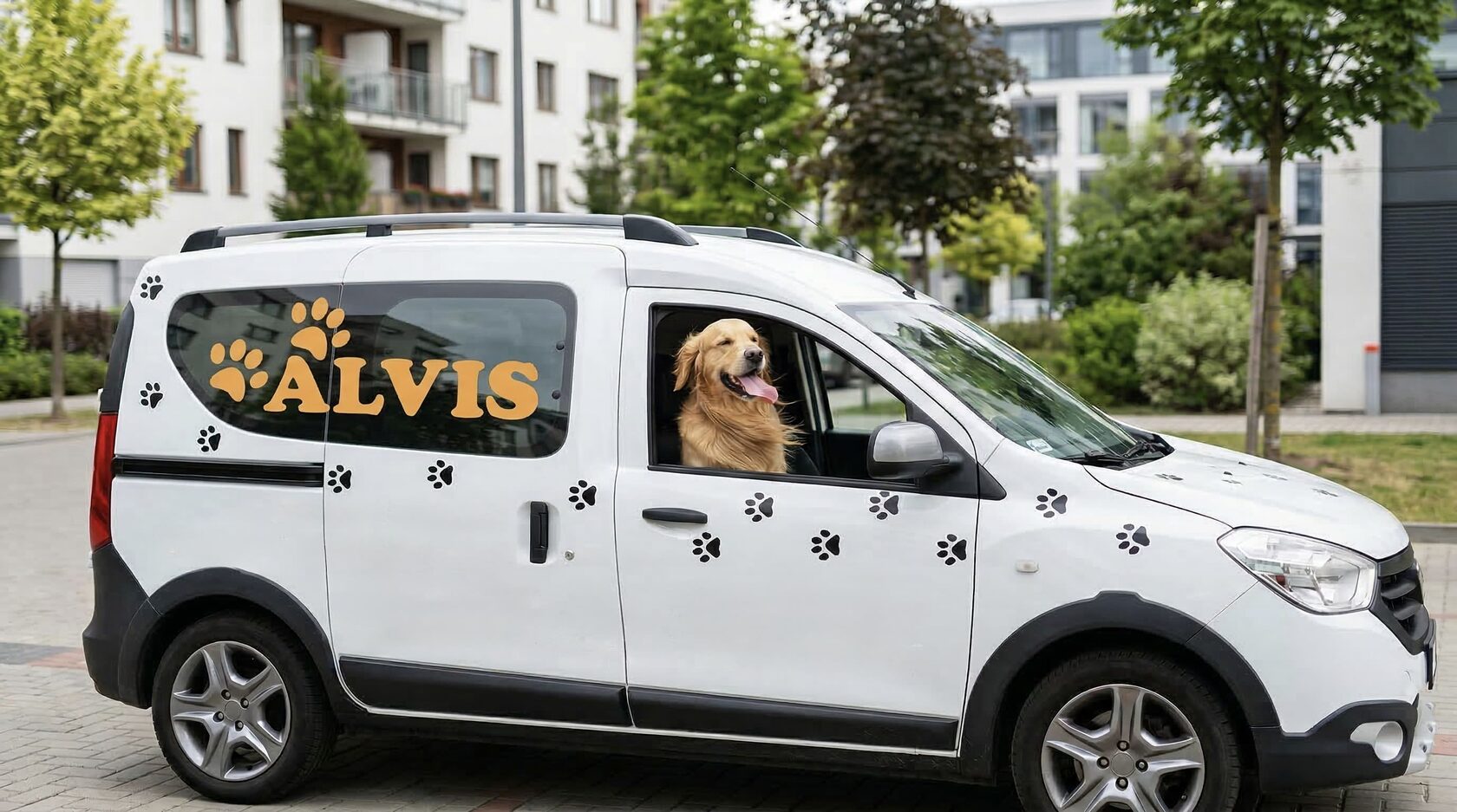 Собака дивиться у вікно авто кур'єра Alvis